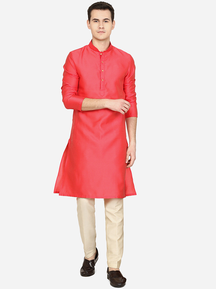 Carrot Red Texture Printed Silk Blend Kurta | The Kurta Company
