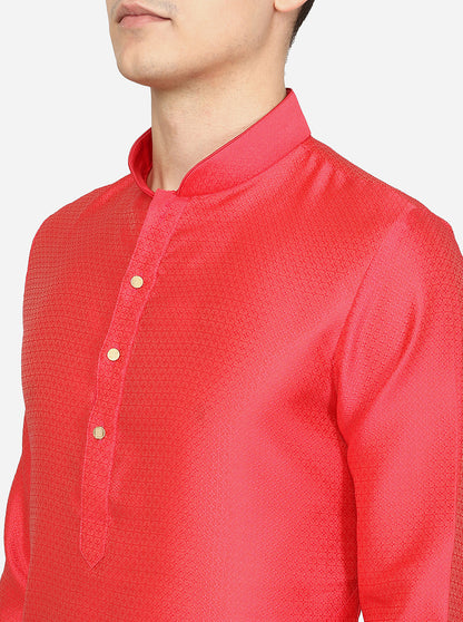 Carrot Red Texture Printed Silk Blend Kurta | The Kurta Company