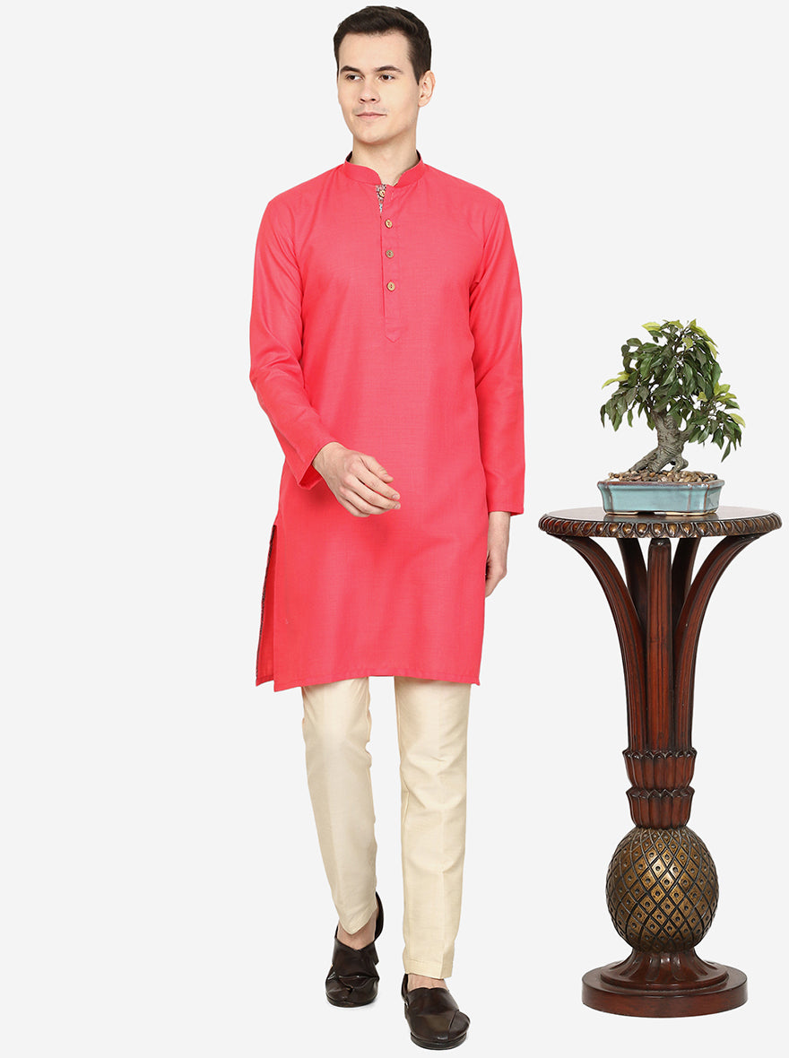 Carrot Red Solid Cotton Blend Kurta | The Kurta Company