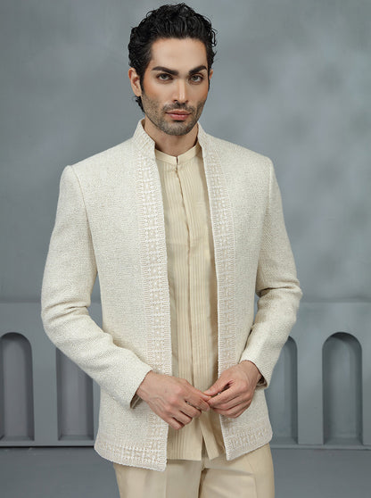 Cream Self Textured Jodhpuri Suit | TULA