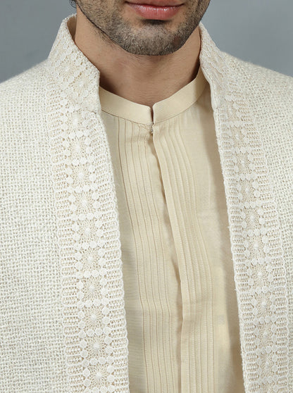 Cream Self Textured Jodhpuri Suit | TULA