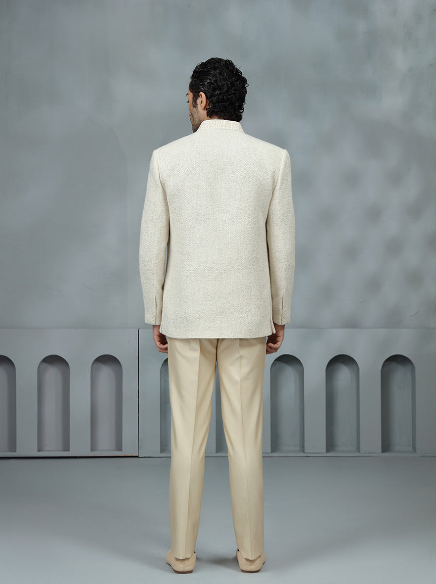 Cream Self Textured Jodhpuri Suit | TULA
