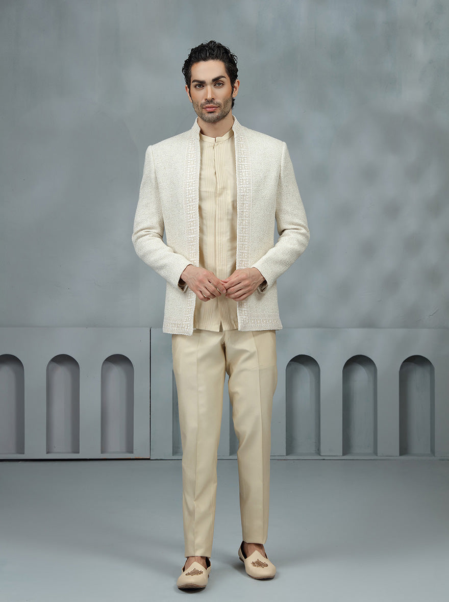 Cream Self Textured Jodhpuri Suit | TULA