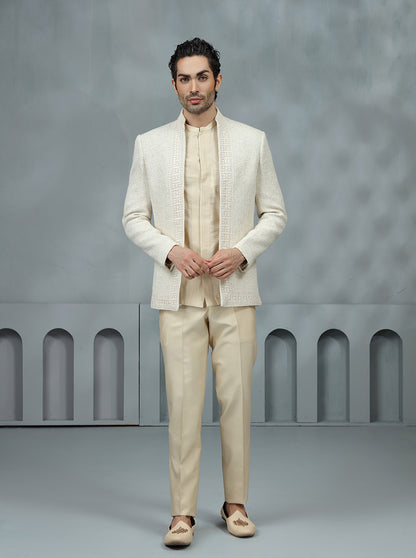 Cream Self Textured Jodhpuri Suit | TULA