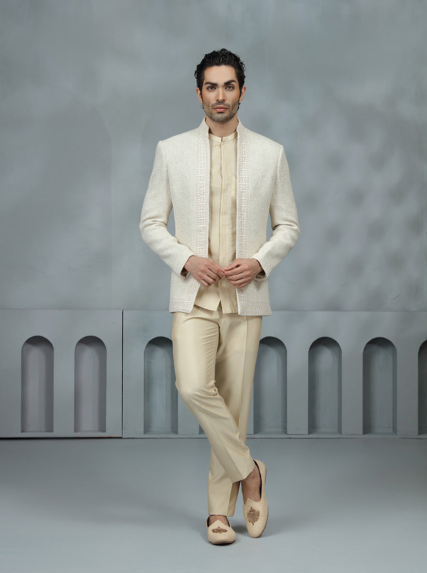Cream Self Textured Jodhpuri Suit | TULA