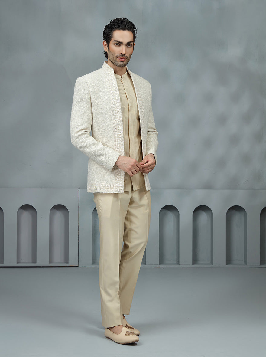 Cream Self Textured Jodhpuri Suit | TULA
