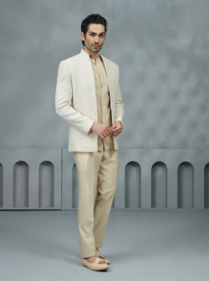 Cream Self Textured Jodhpuri Suit | TULA