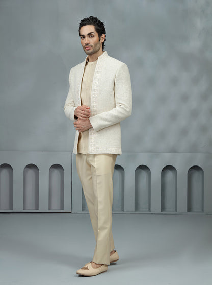Cream Self Textured Jodhpuri Suit | TULA