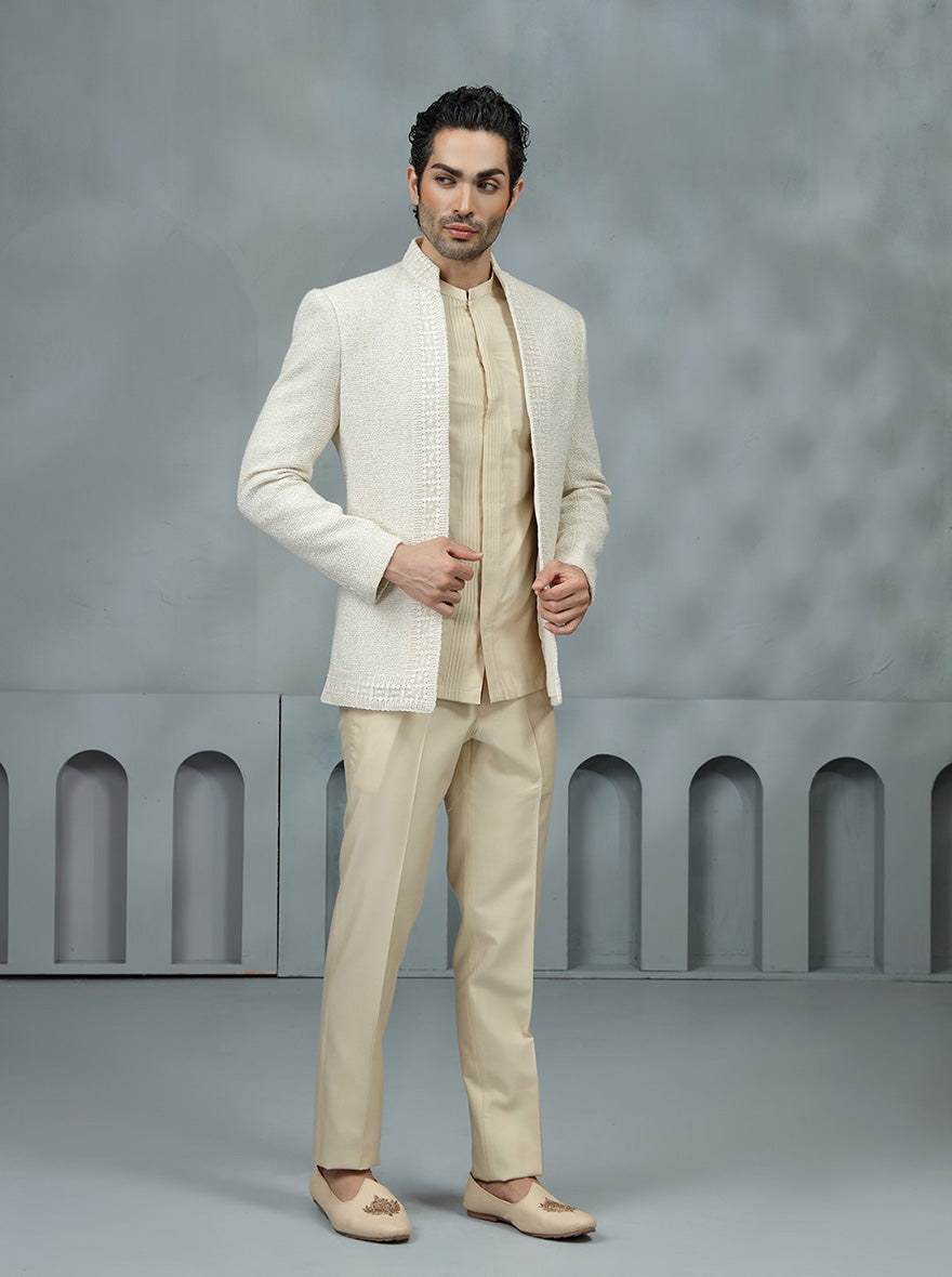 Cream Self Textured Jodhpuri Suit | TULA