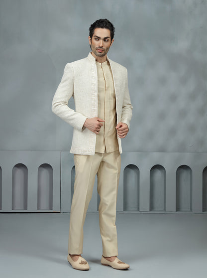 Cream Self Textured Jodhpuri Suit | TULA