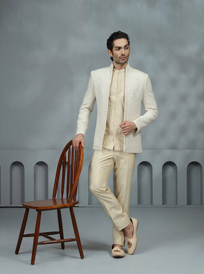 Cream Self Textured Jodhpuri Suit | TULA