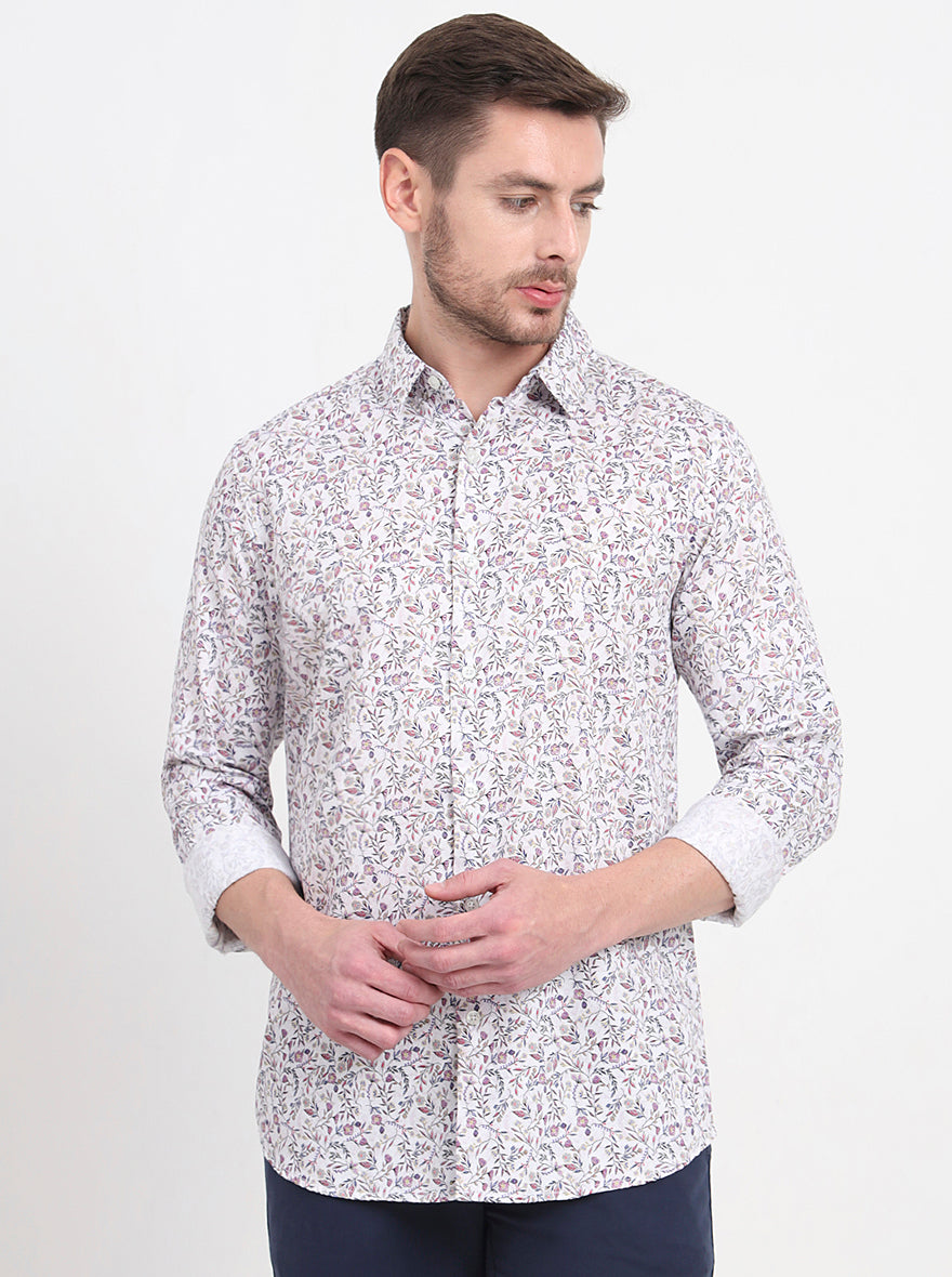 White & Pink Printed Slim Fit Casual Shirt | JadeBlue
