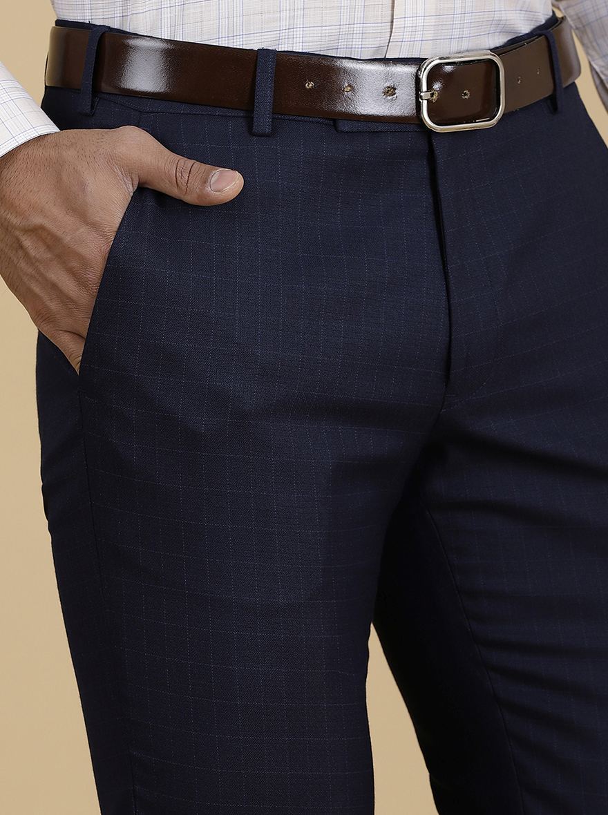 Navy Blue Checked Super Slim Fit Formal Trouser | Greenfibre