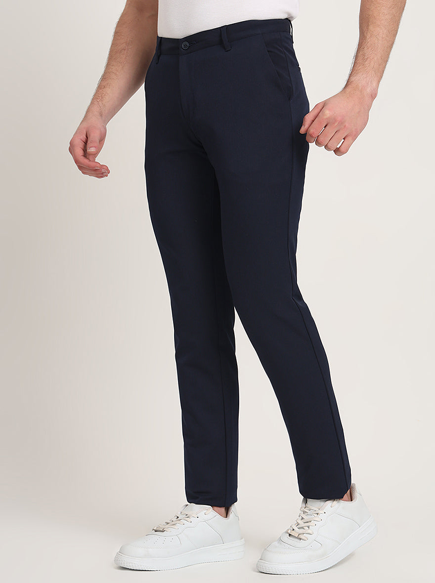 Navy Blue Solid Venice Fit Casual Trouser | JadeBlue