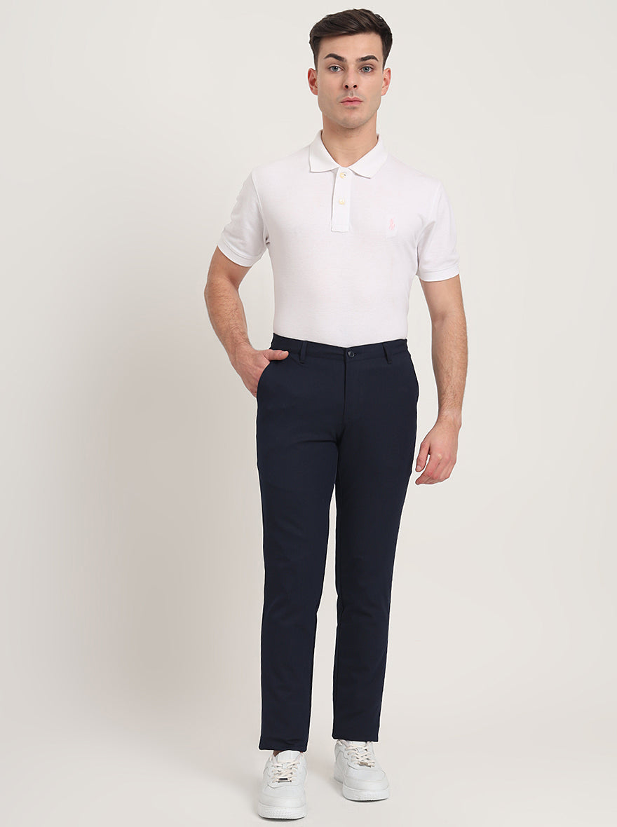 Navy Blue Solid Venice Fit Casual Trouser | JadeBlue