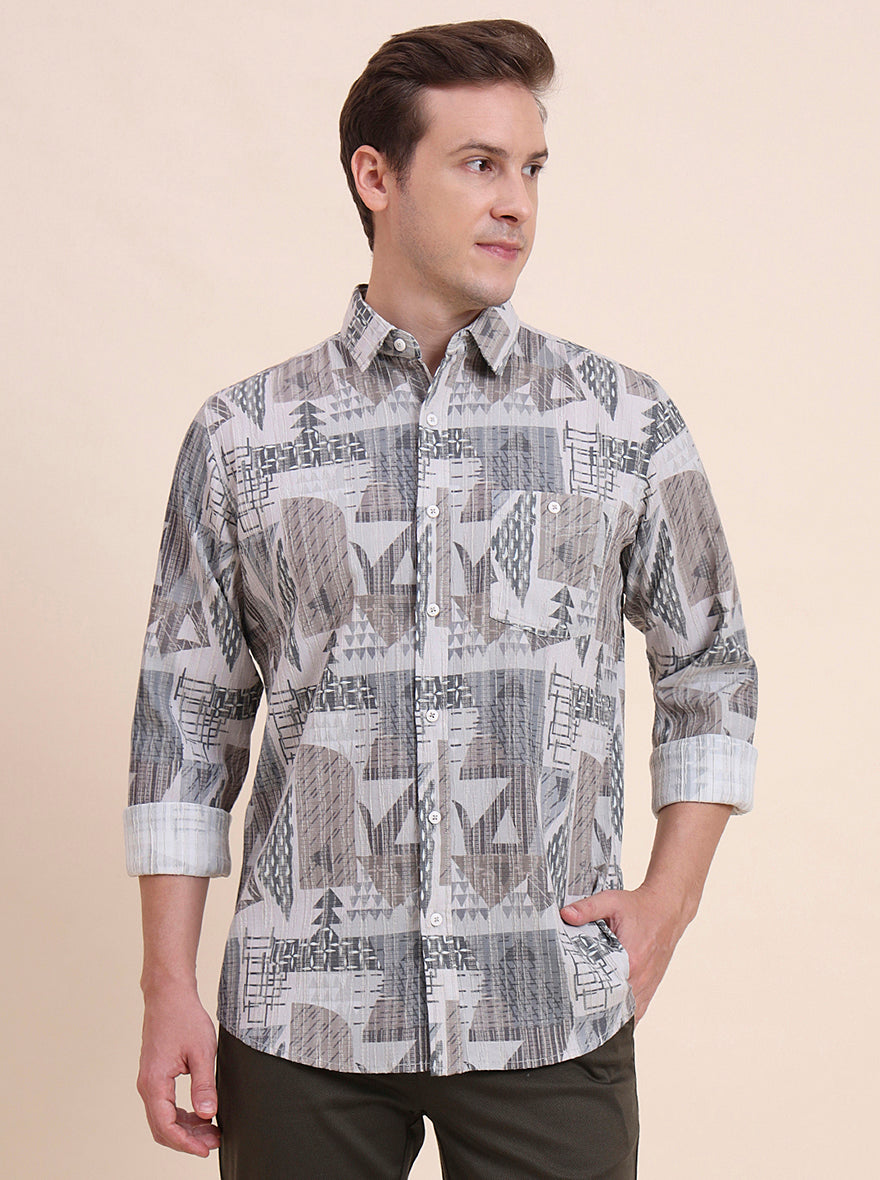 Grey Printed Slim Fit Casual Shirt | JadeBlue
