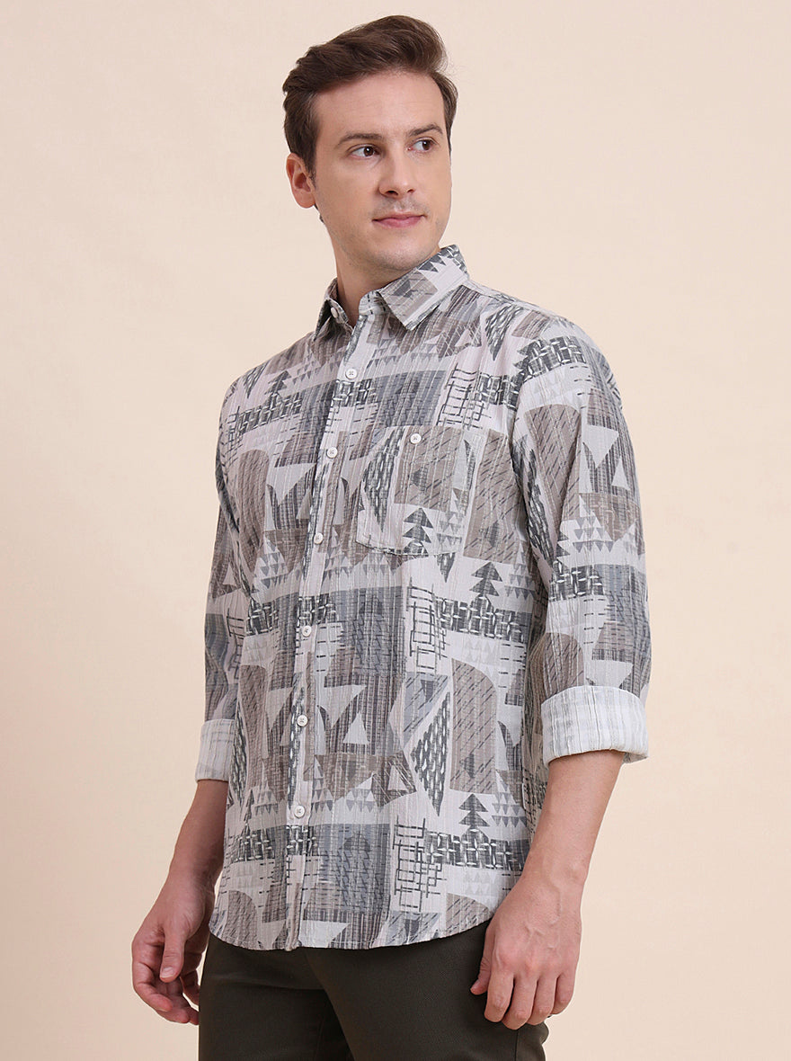Grey Printed Slim Fit Casual Shirt | JadeBlue