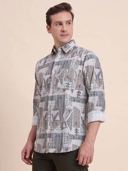 Grey Printed Slim Fit Casual Shirt | JadeBlue