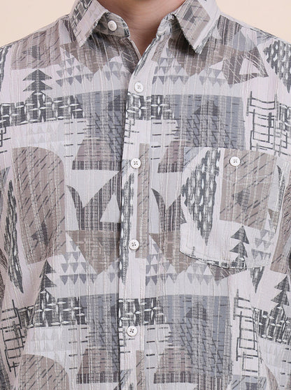 Grey Printed Slim Fit Casual Shirt | JadeBlue