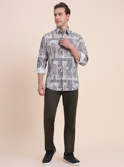 Grey Printed Slim Fit Casual Shirt | JadeBlue
