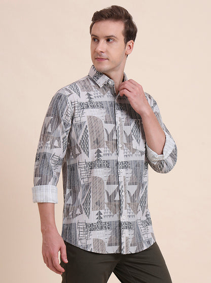 Grey Printed Slim Fit Casual Shirt | JadeBlue