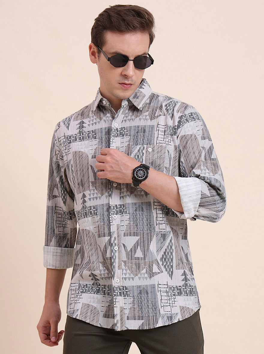 Grey Printed Slim Fit Casual Shirt | JadeBlue