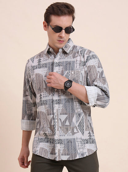 Grey Printed Slim Fit Casual Shirt | JadeBlue