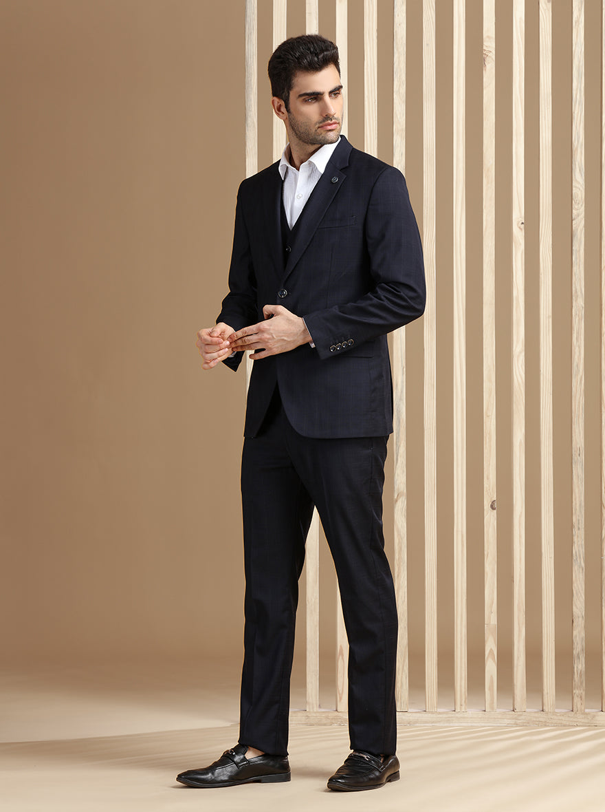 Navy Blue Self Textured Suit | JadeBlue