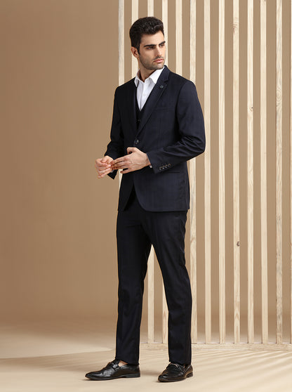 Navy Blue Self Textured Suit | JadeBlue