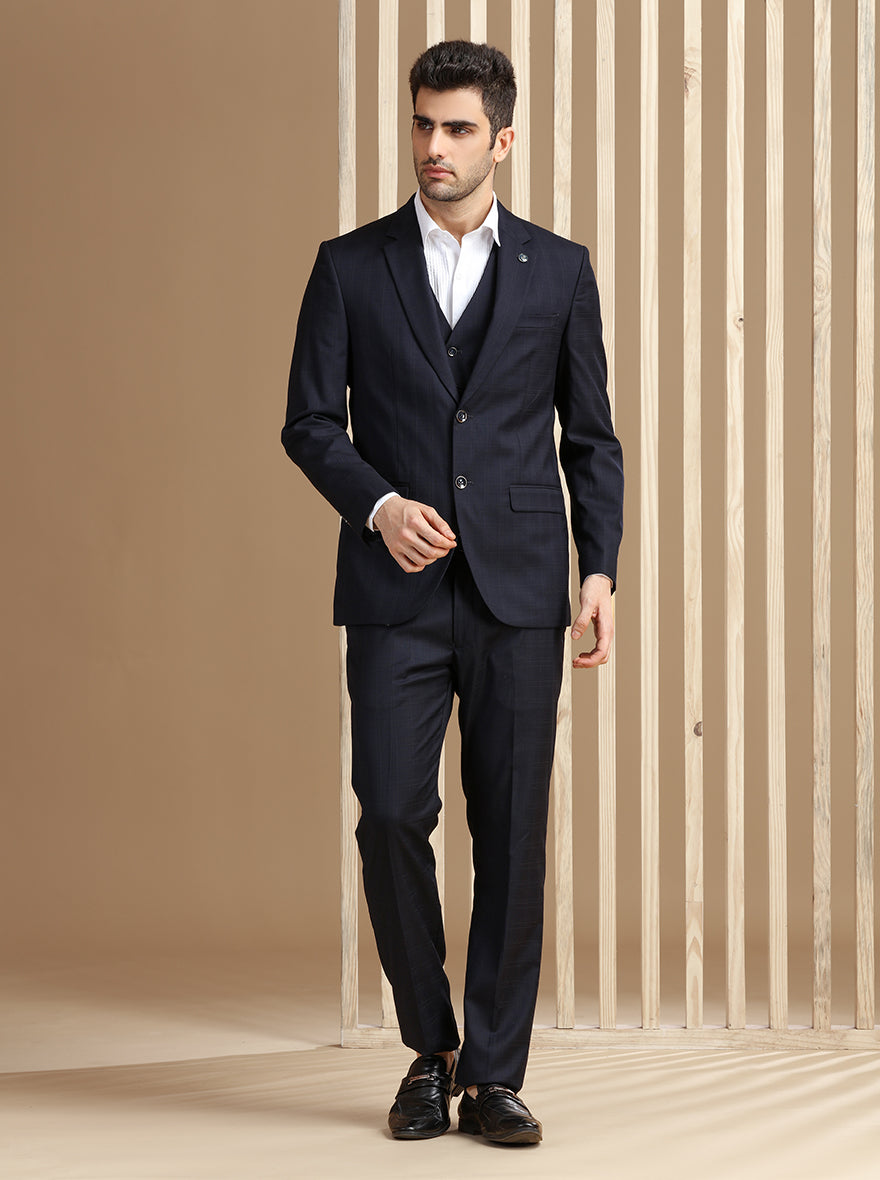 Navy Blue Self Textured Suit | JadeBlue