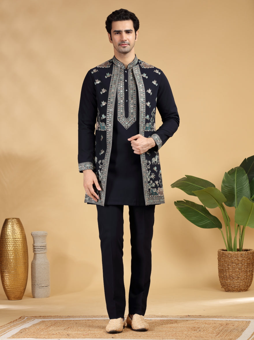 Blue Embroidered Kurta Pajama with Koti | TULA