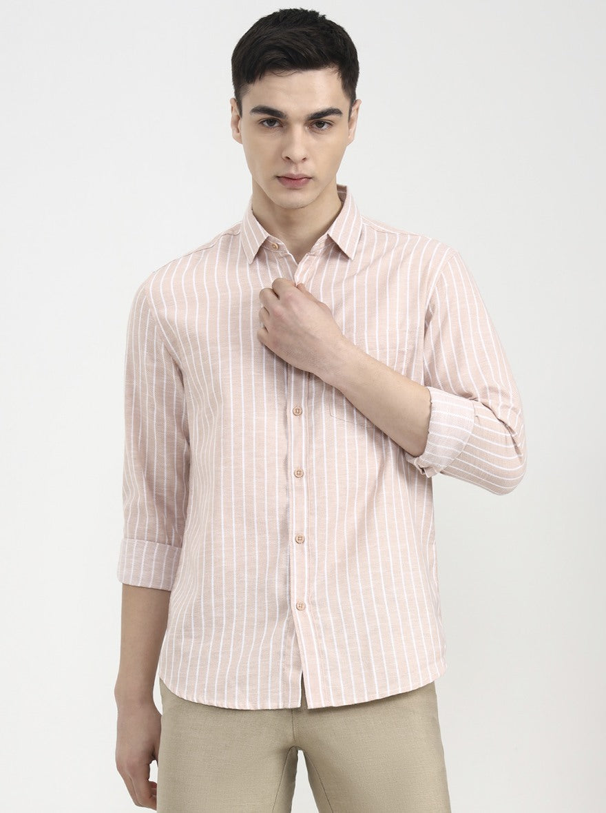 Peach Striped Slim Fit Casual Shirt | Greenfibre