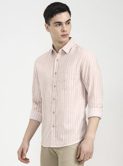 Peach Striped Slim Fit Casual Shirt | Greenfibre