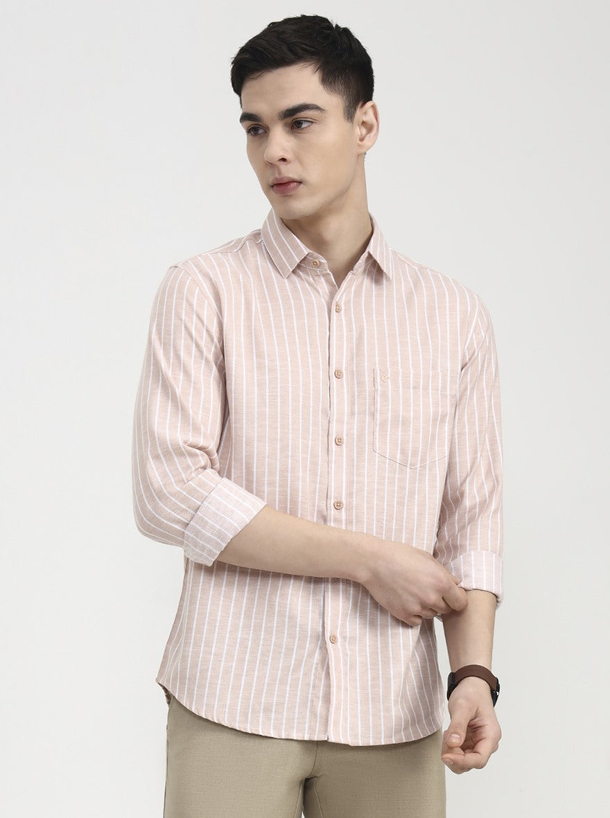 Peach Striped Slim Fit Casual Shirt | Greenfibre