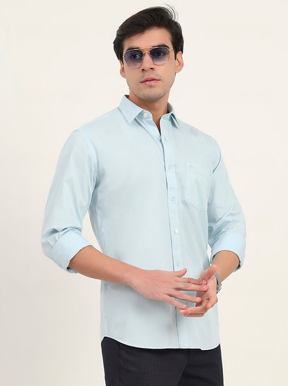 Sky Blue Solid Slim Fit Semi Casual Shirt | Greenfibre