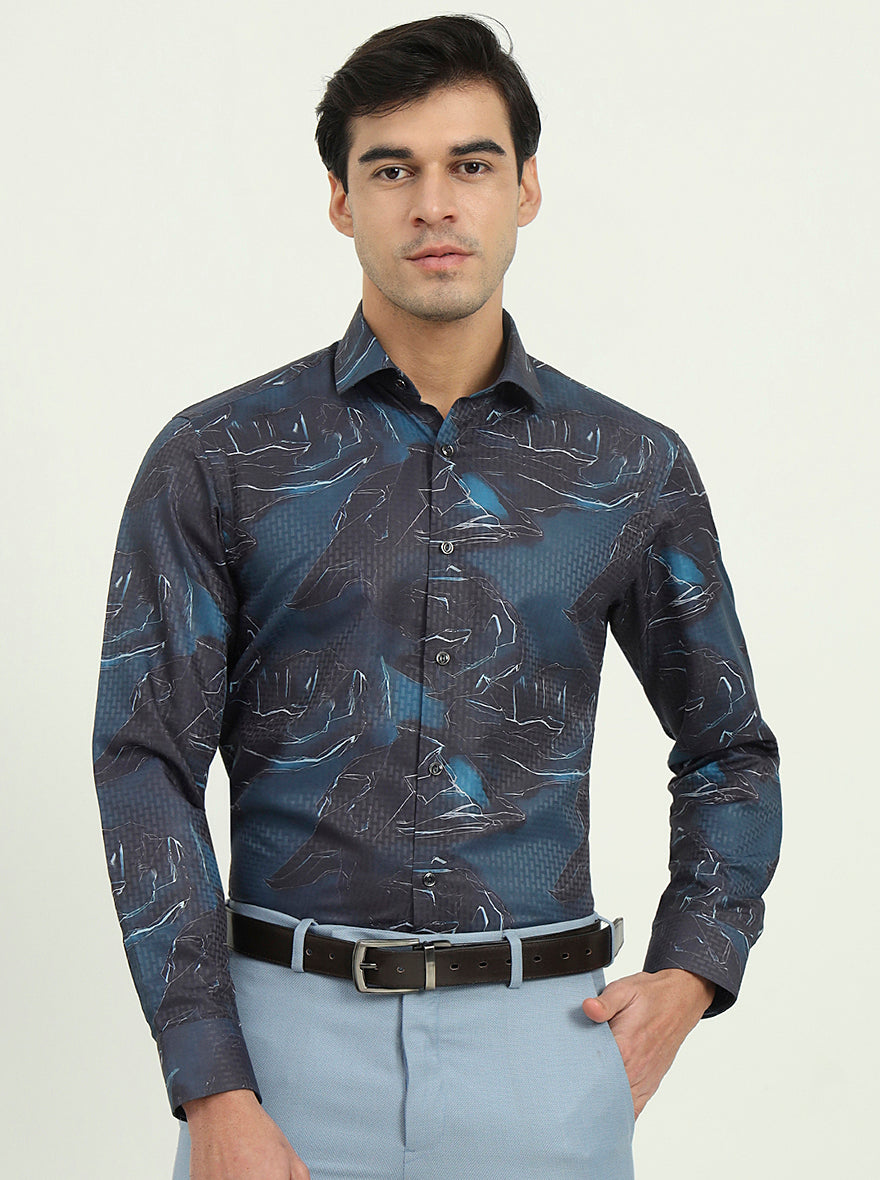 Dark Blue Printed Slim Fit Party Wear Shirt | Greenfibre
