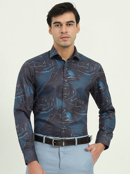 Dark Blue Printed Slim Fit Party Wear Shirt | Greenfibre