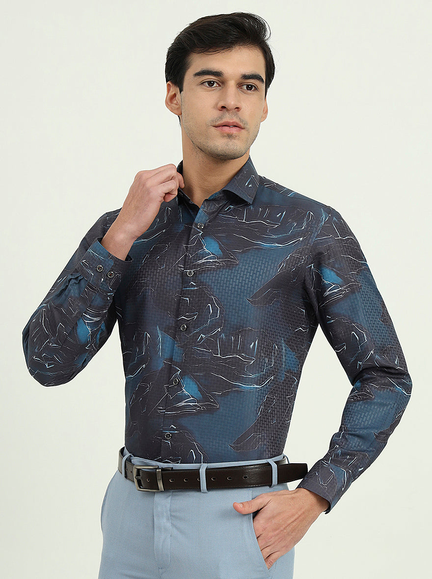 Dark Blue Printed Slim Fit Party Wear Shirt | Greenfibre