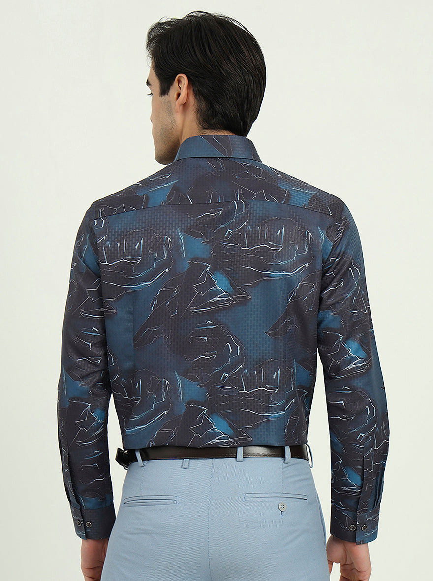 Dark Blue Printed Slim Fit Party Wear Shirt | Greenfibre