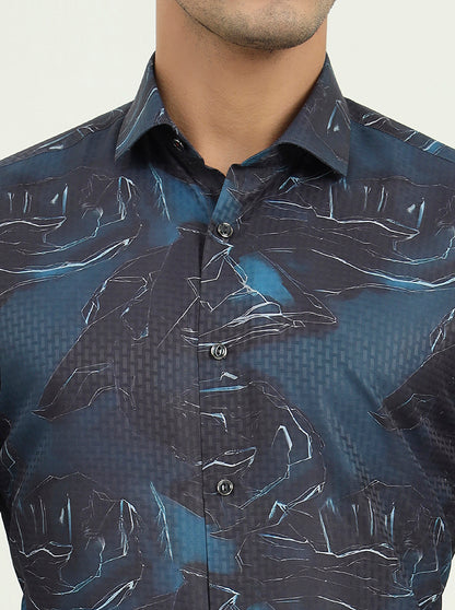 Dark Blue Printed Slim Fit Party Wear Shirt | Greenfibre