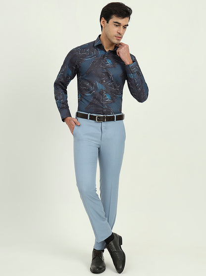 Dark Blue Printed Slim Fit Party Wear Shirt | Greenfibre