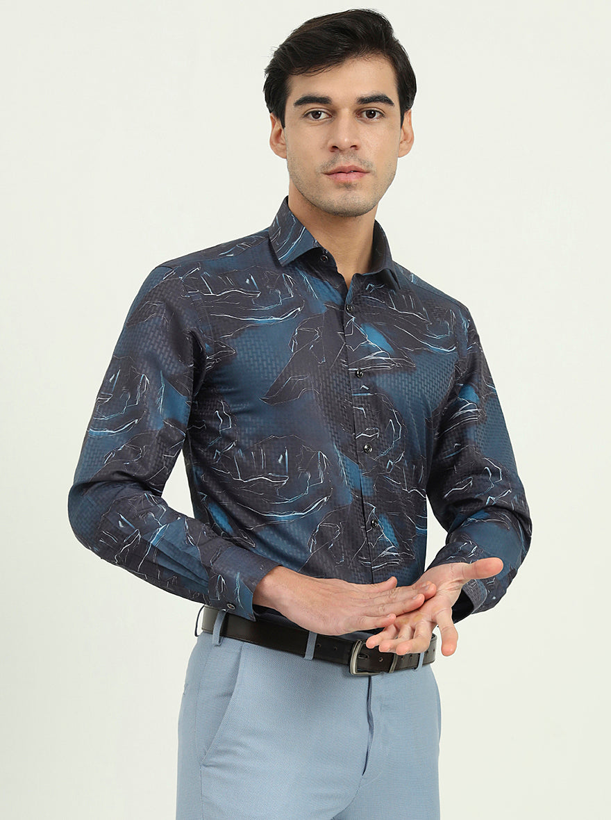 Dark Blue Printed Slim Fit Party Wear Shirt | Greenfibre