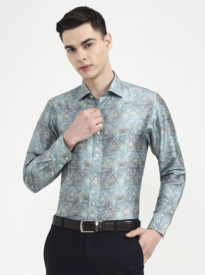 Green Printed Slim Fit Formal Shirt | JadeBlue Super Luxe