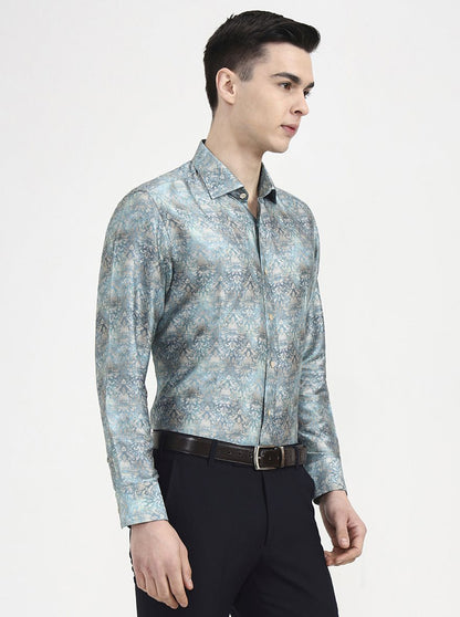 Green Printed Slim Fit Formal Shirt | JadeBlue Super Luxe
