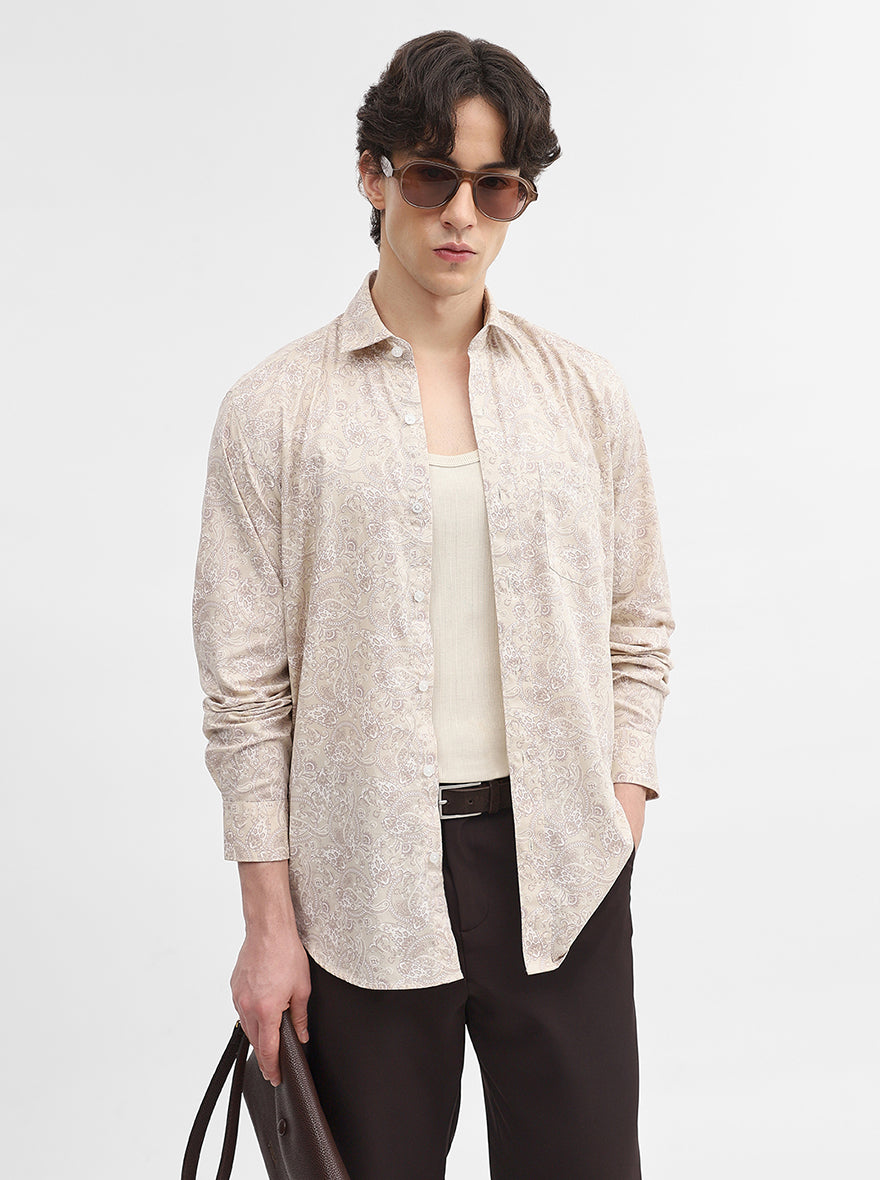 Beige Printed Slim Fit Semi Casual Shirt | JadeBlue