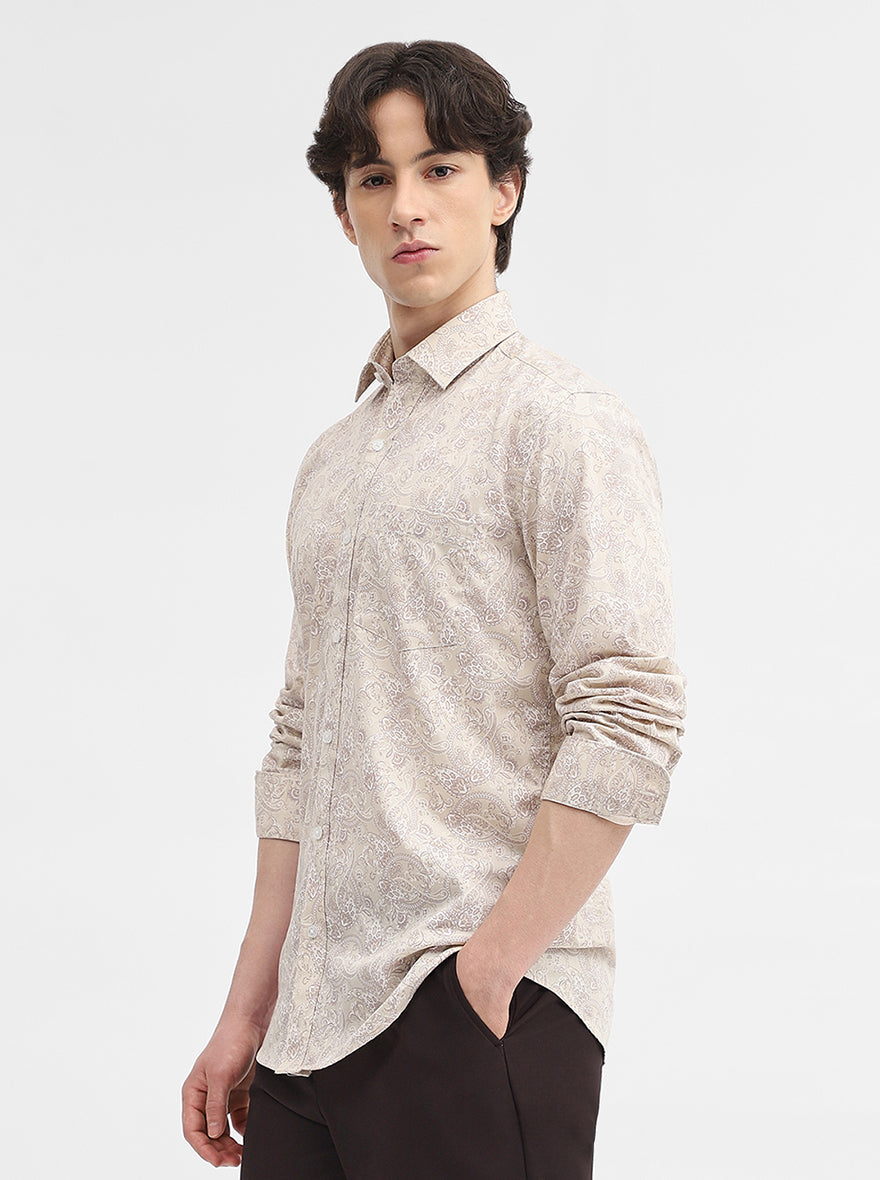 Beige Printed Slim Fit Semi Casual Shirt | JadeBlue