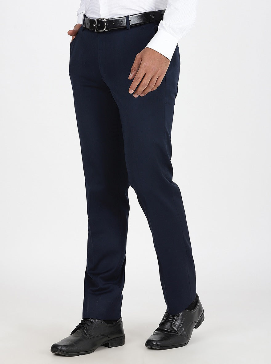 Navy Blue Solid Slim Fit Formal Trouser | Metal