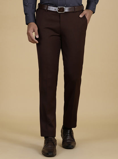 Brown Solid Slim Fit Formal Trouser | Metal