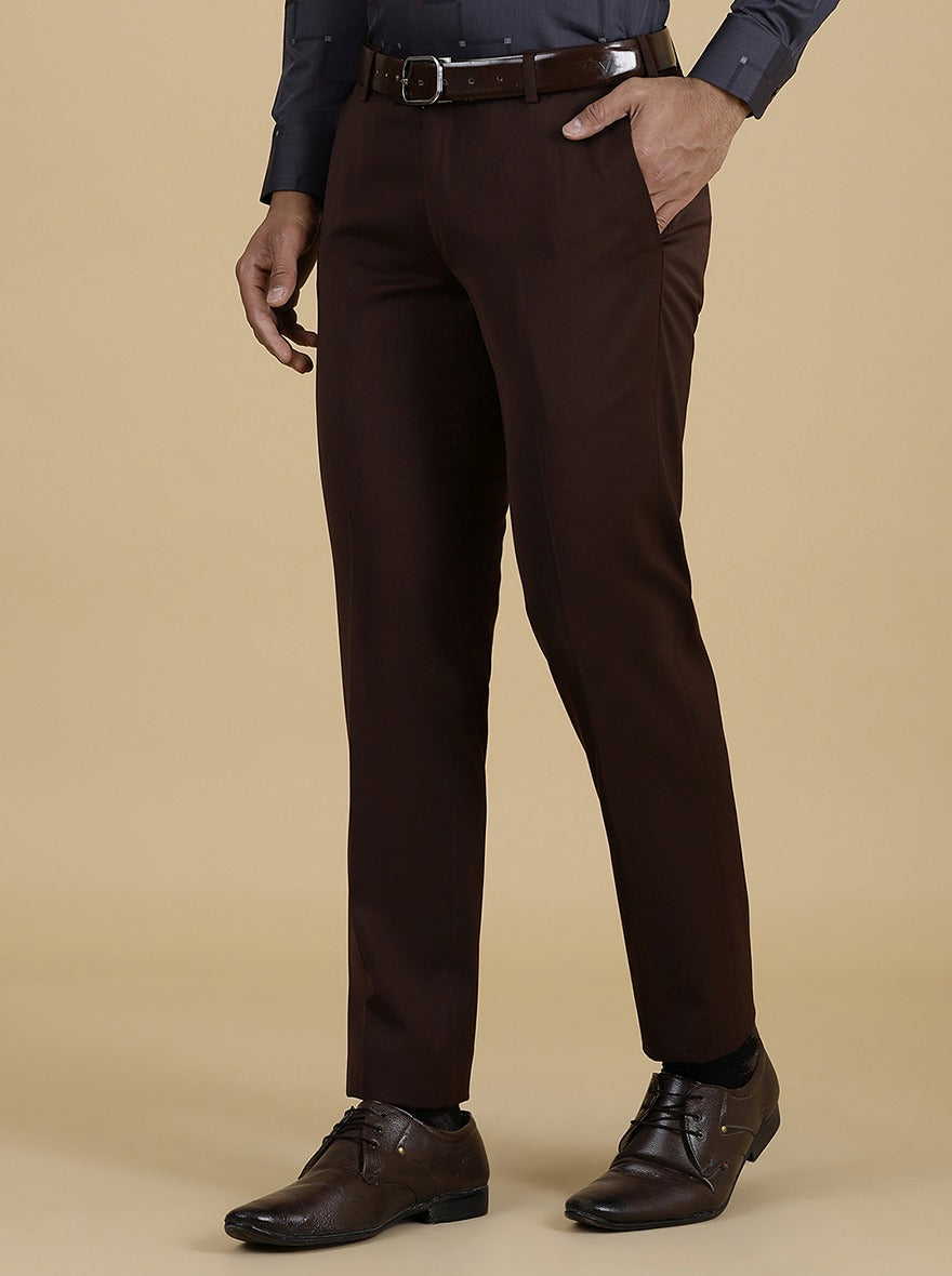 Brown Solid Slim Fit Formal Trouser | Metal