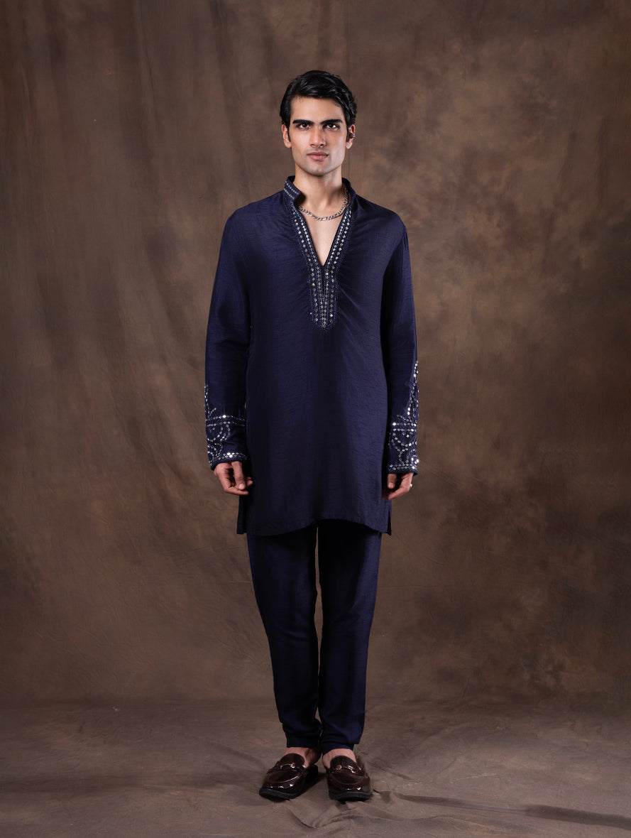 Navy Blue Embroidered  Kurta Pajama | TULA